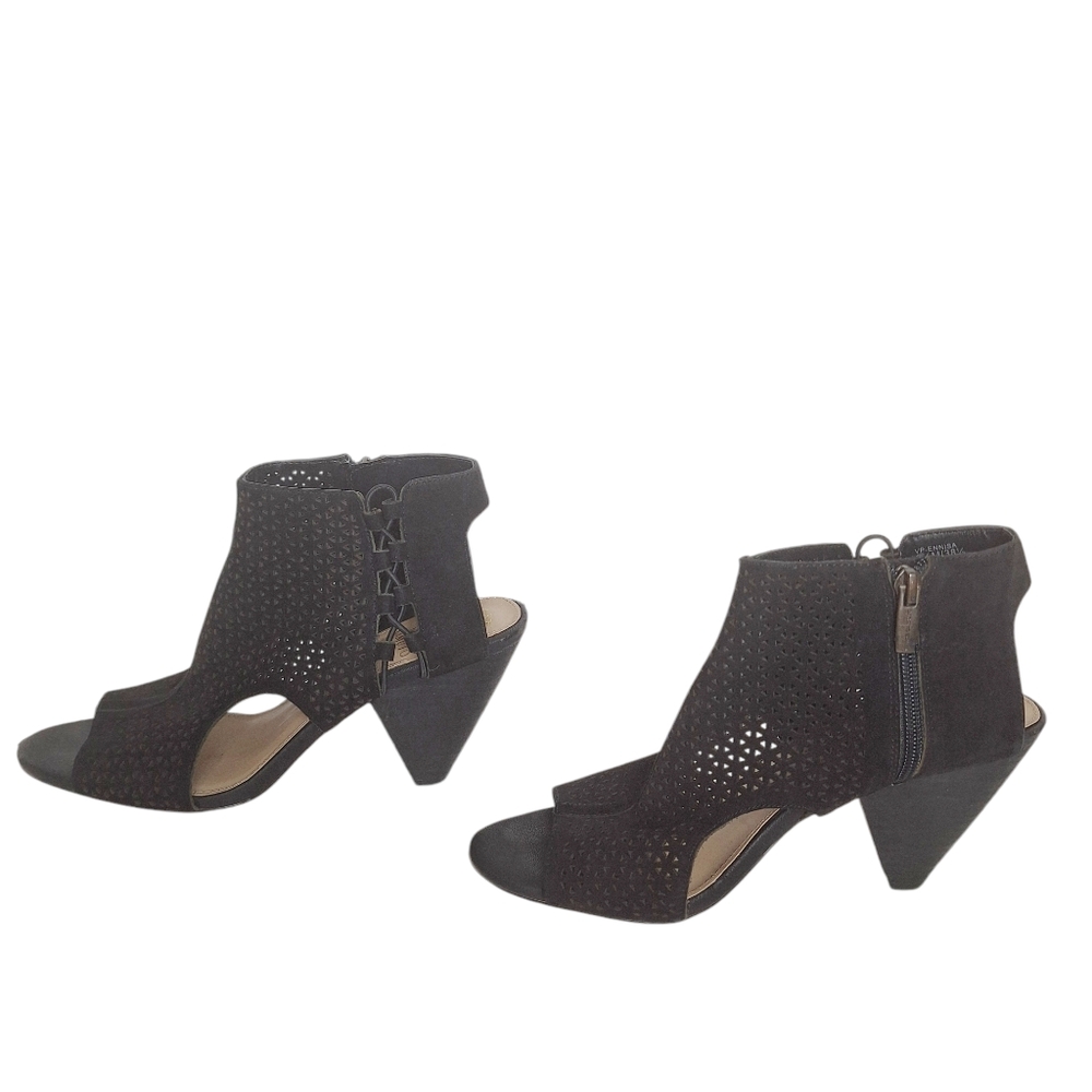 Vince Camuto SZ 8.5 Ennisa Black Suede Perforated Cut Out Open Toe Ankle Bootie